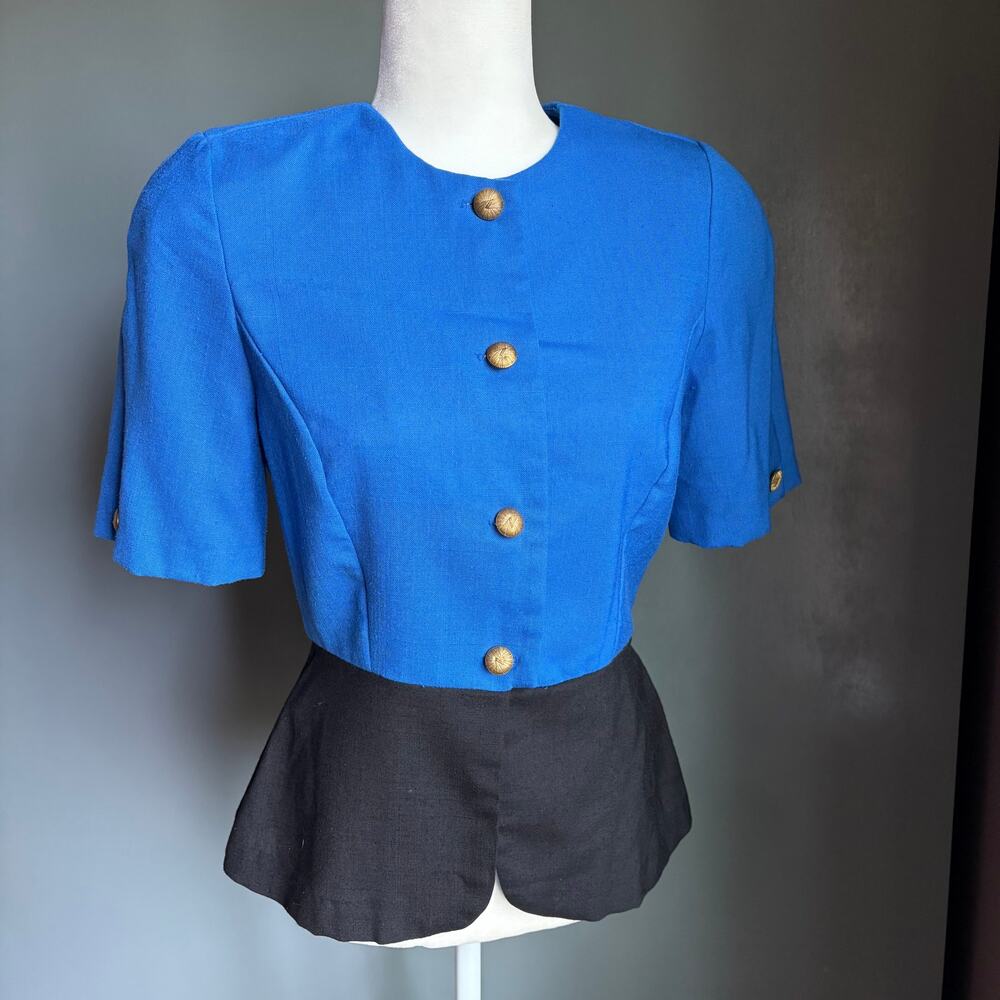 Vintage CB Women's 10 Retro Peplum Blue Black Rayon Secretary MCM Colorblock